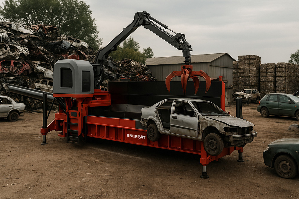 ENERPAT's Mobile Scrap Car Baler ENERPAT の移動式廃車ベーラー